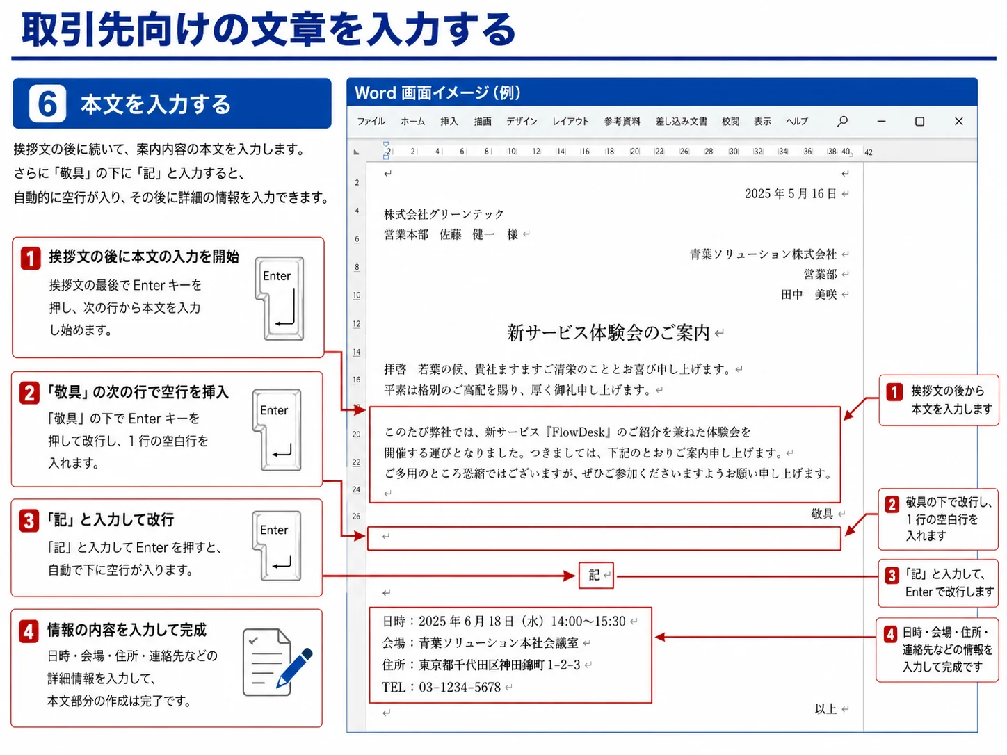 Wordで取引先向け文書の本文と記書きを入力する手順