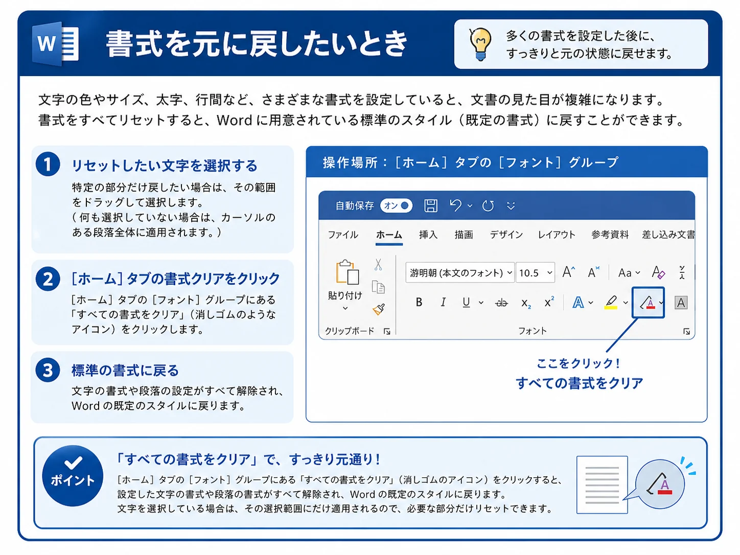 Wordで文字の色や太字や行間などの書式を元に戻す手順