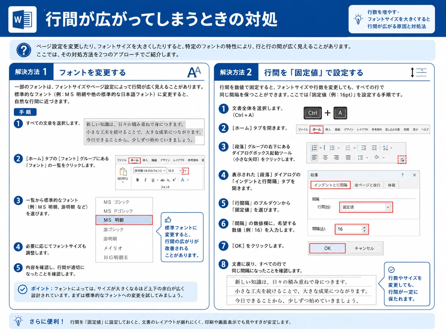 Wordで行間が広がってしまうときにフォントや固定値の行間を設定する手順
