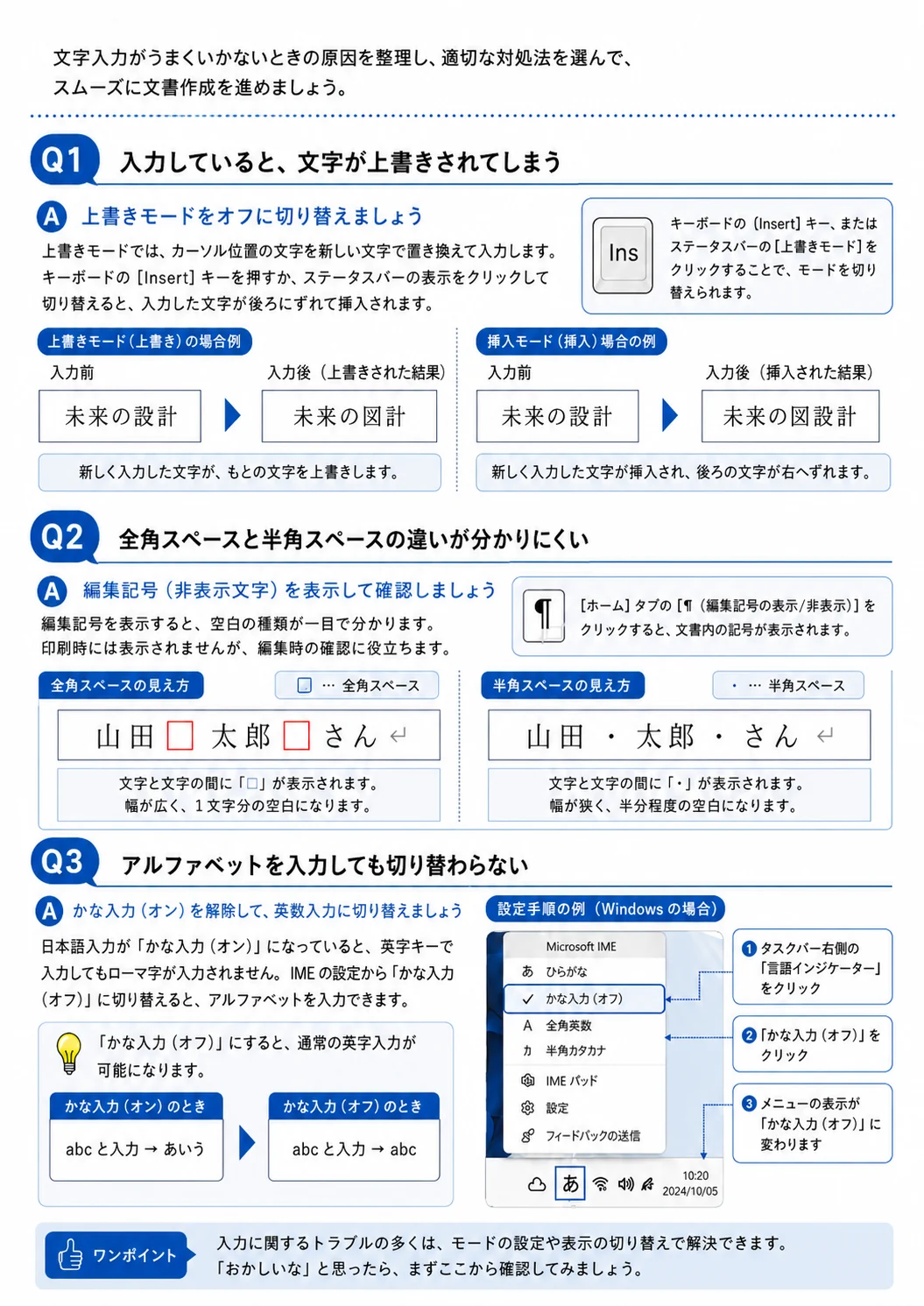 Wordで文字が上書きされる、スペースが分かりにくい、英字入力に切り替わらないときの確認方法