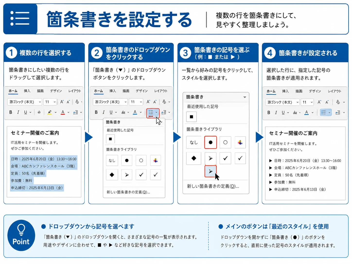 Wordで箇条書きを設定する手順の図解