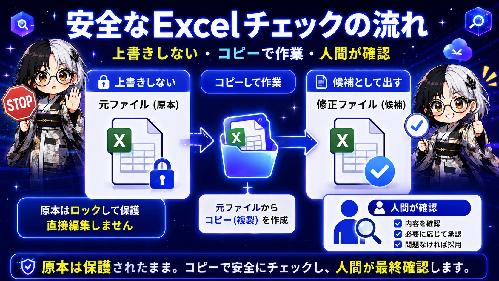 元Excelファイルを上書きせず、コピーで作業して修正版候補を人間が確認する安全な流れ