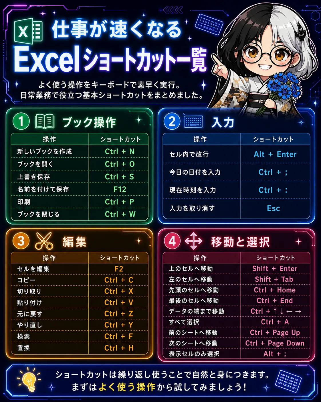 Excelショートカット一覧をブック操作、入力、編集、移動と選択に分けて整理した表