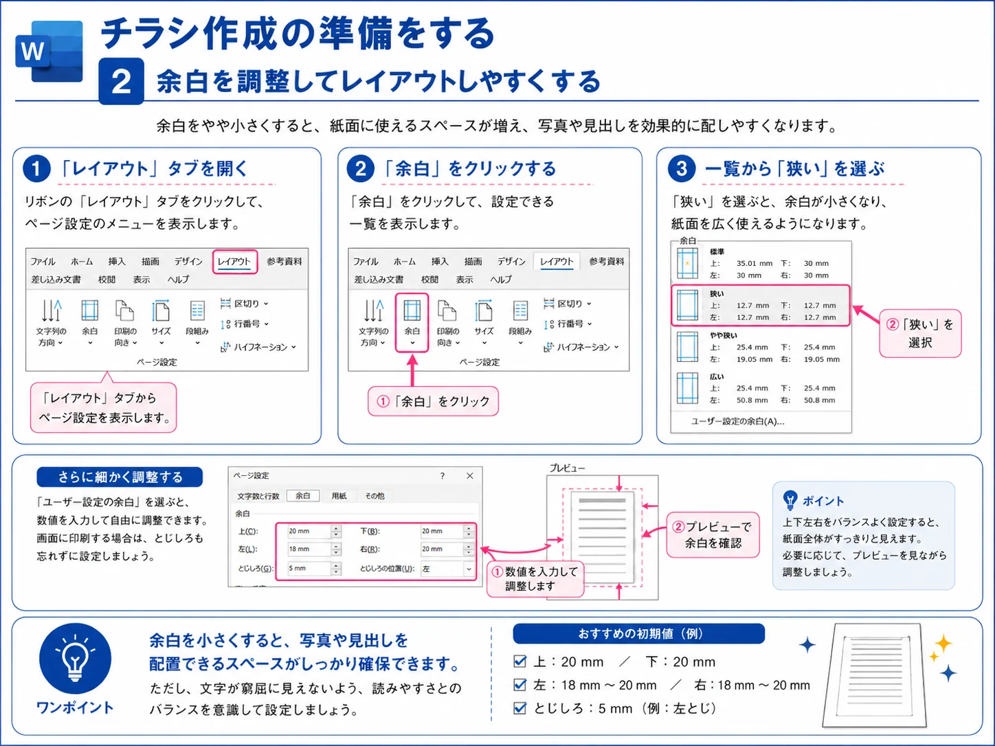 Wordで余白を狭くしてチラシのレイアウトをしやすくする手順
