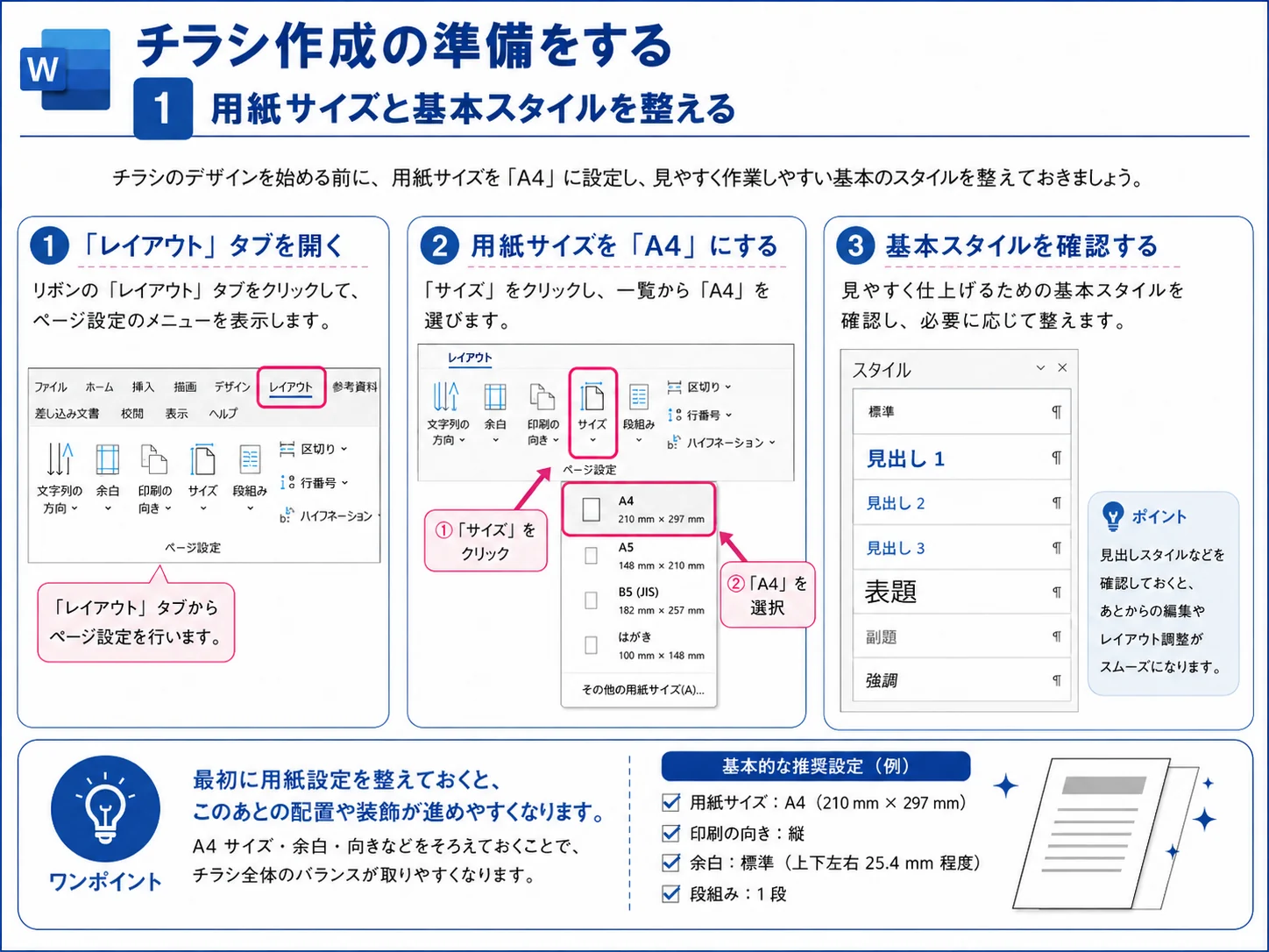 Wordでチラシ作成前に用紙サイズをA4に設定する手順
