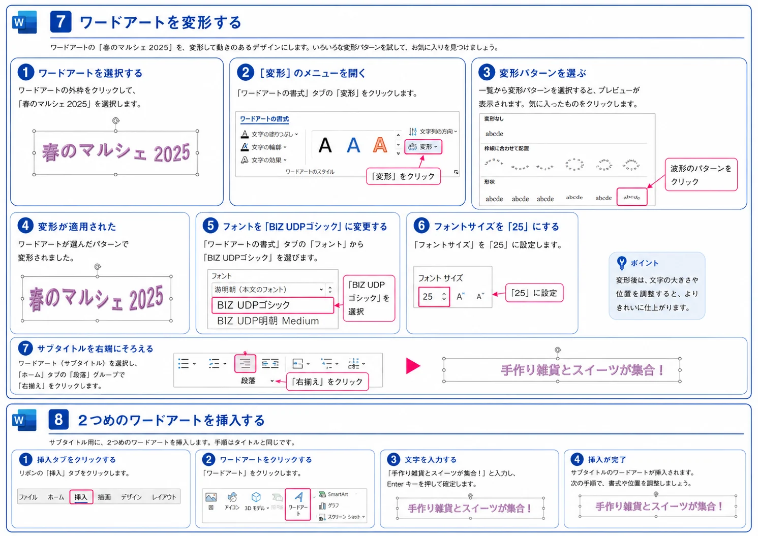 Wordでサブタイトル用のワードアートを変形して右端にそろえる手順