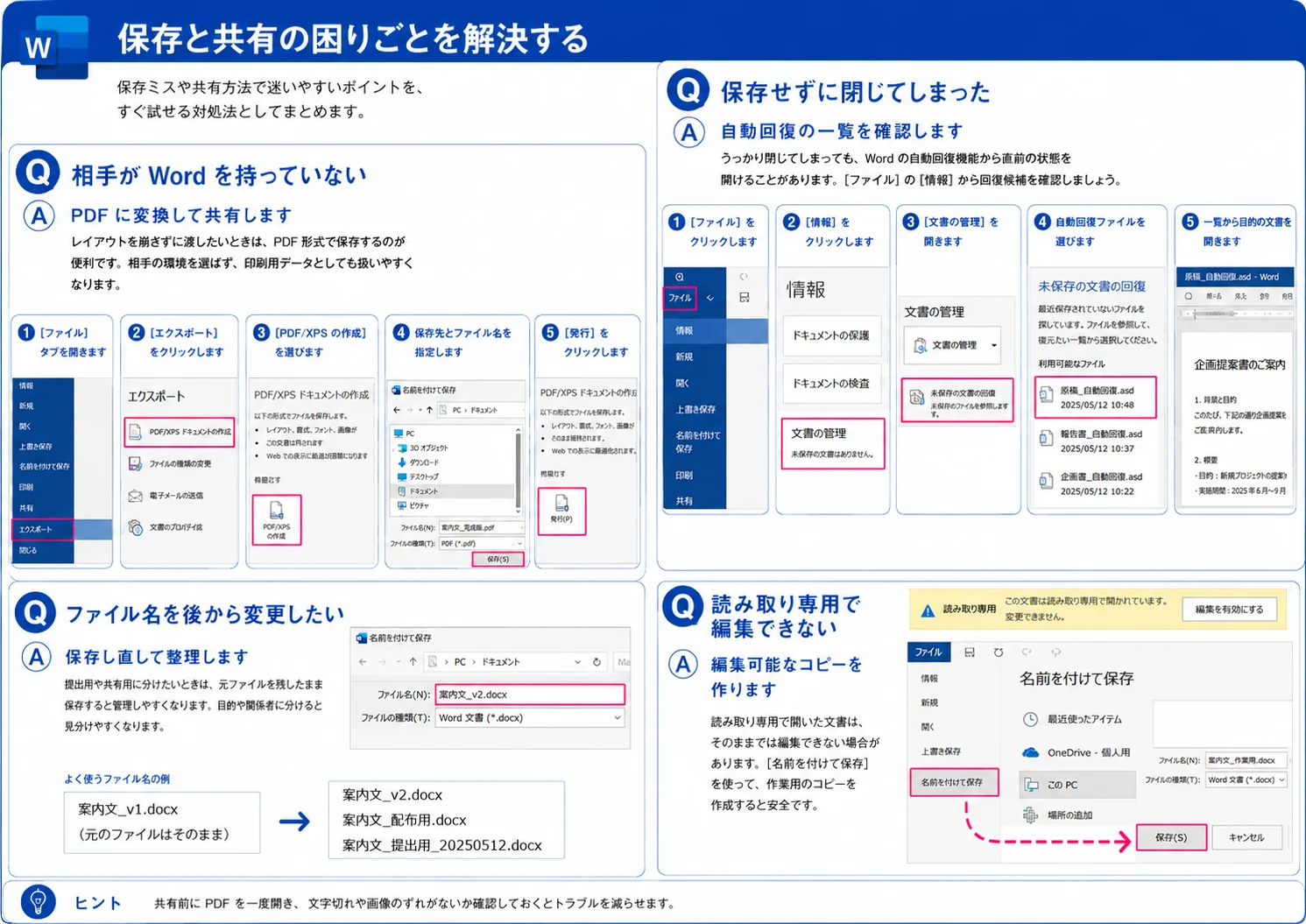 Wordの保存と共有で困ったときにPDF化や自動回復や読み取り専用を確認する手順